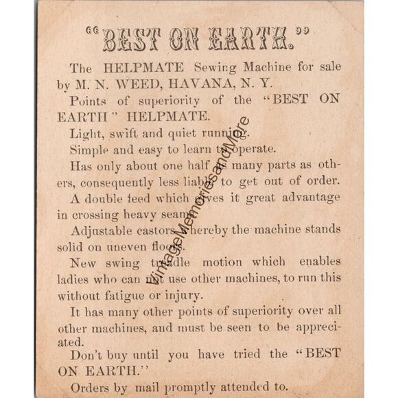 Vintage Helpmate Sewing Machine Advertising Trade Card PB23 - Picture 2 of 2